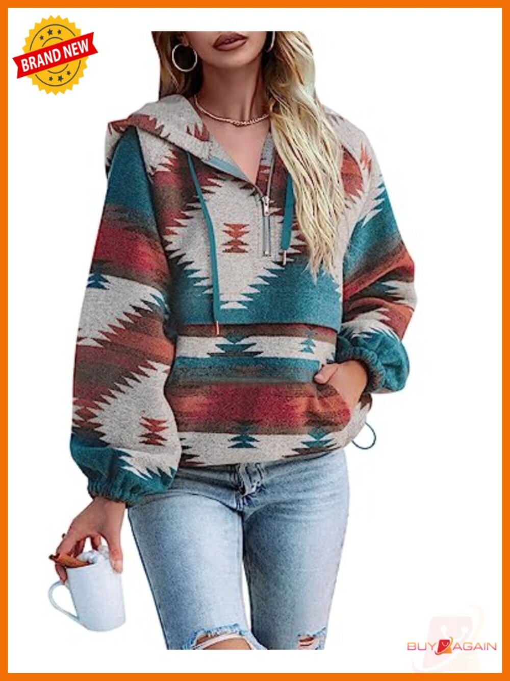 Women's Aztec Zip Up Hoodie Polyester Boho Western Sweatshirt